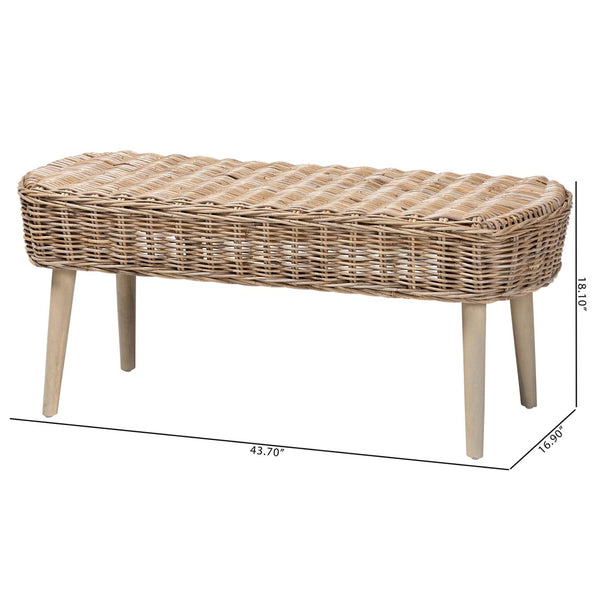 English Elm Modern Bohemian Woven Rattan Seat Mahogany Frame Entryway Bedroom Accent Bench B2750P467719