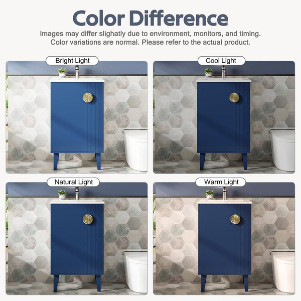 English Elm 20-inch French Style Bathroom Vanity with Integrated Ceramic Sink, Carved Accents & Soft-Close Door Blue N710P330971C