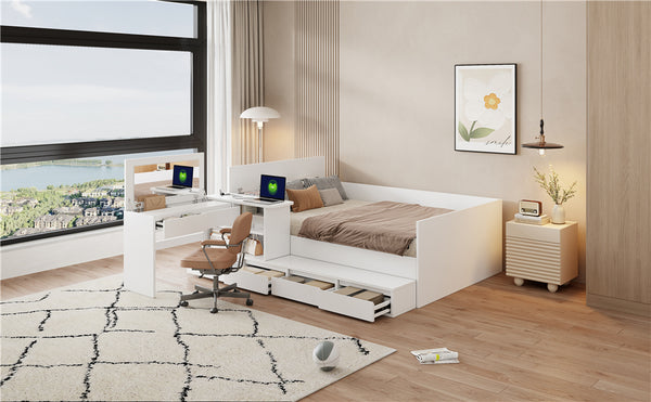 English Elm Full Wooden Platform Bed With 6 Drawers, Shelves & Dressing Table - Stylish Storage Solution! N820S00059K