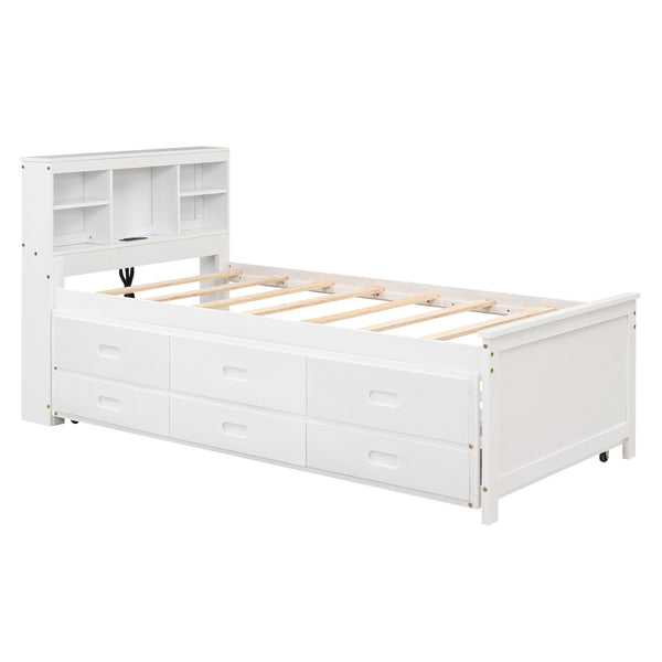 English Elm Twin Platform Bed with Storage Headboard, Pull-Out Trundle & 3 Drawers, USB Ports, Solid Wood Durability White GX000715AAK