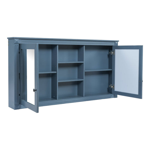 English Elm 55 Inch Wall Mount Medicine Cabinet Dual Mirrored Doors Soft Close Bathroom Vanity Storage Blue N710P401342C
