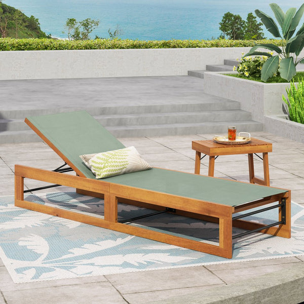 English Elm Christopher Knight Home® - MIA Acacia Wood Chaise Lounge with Breathable Textilene Mesh Seating for Cool, Durable Outdoor Relaxing Mint Green,Teak 50.5 L x 27.75 W x 10.25 H N776P301491M