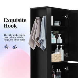 English Elm Tall Bathroom Storage Cabinet - Freestanding With Adjustable Shelves, Hooks & Modern Black Design N725P241834B-GIGA