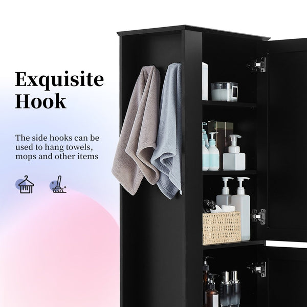 English Elm Tall Bathroom Storage Cabinet - Freestanding With Adjustable Shelves, Hooks & Modern Black Design N725P241834B-GIGA