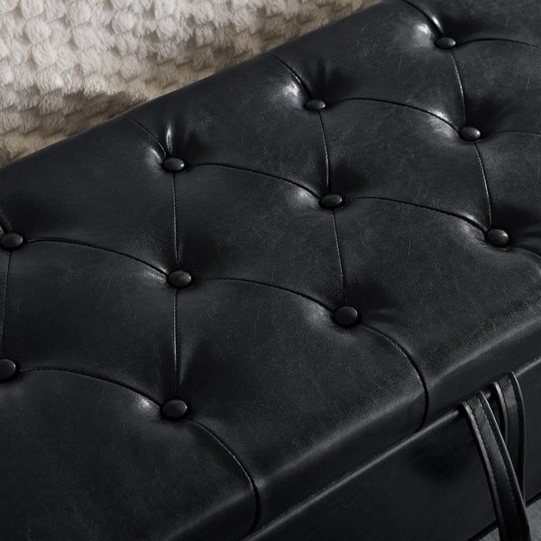 English Elm Ottoman Storage Bench Tufted Linen Upholstered Entryway Seat with Lift Top Shelf Black W2186P465443