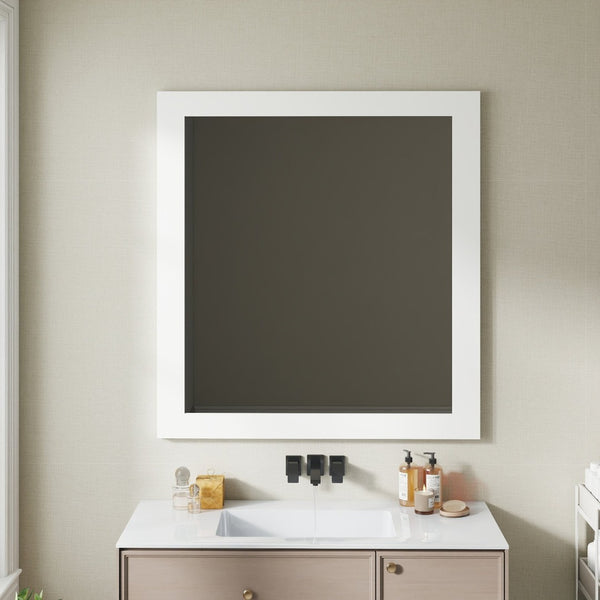 English Elm Revitalize Any Bathroom with a Square Matte White Framed Wall Mirror Modern Vanity W3151P265975