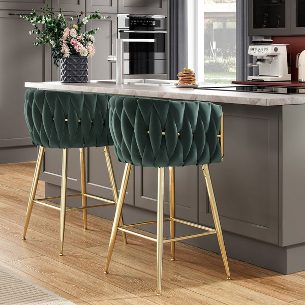 English Elm Counter Height Stools Set of 2 Mid-century Metal Legs Ergonomic Kitchen Island Seating Green T3623P430902