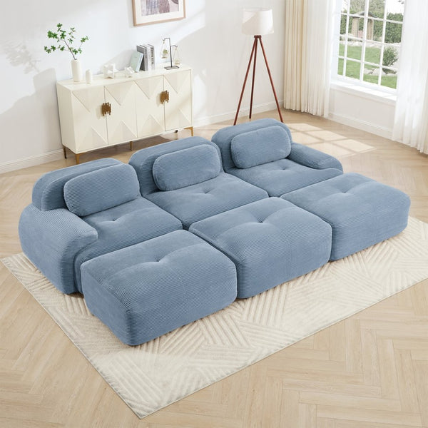 English Elm Three-seat Modular Corduroy Sectional Sofa with Ottomans for Living and Media Rooms Blue W714S01251