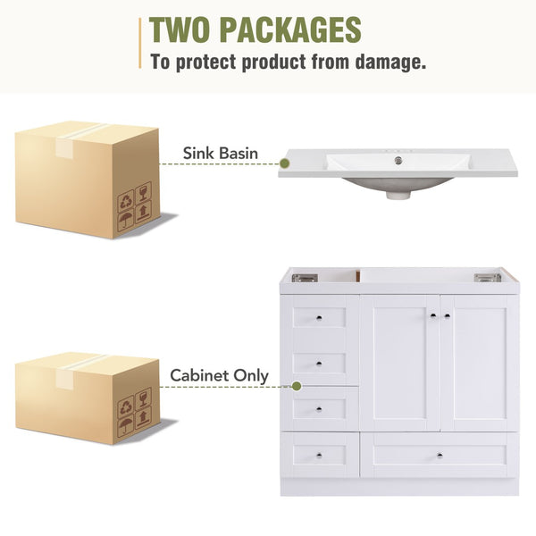 English Elm 36 Inch Shaker Bathroom Vanity with Resin Sink Four Soft Close Drawers Mdf Cabinet White N729P000028K