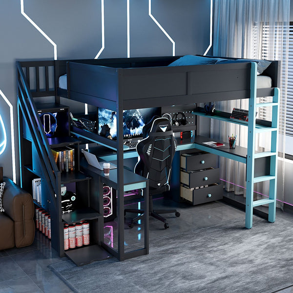English Elm Full Size Gaming Loft Bed with Led Lighting Desk Shelves and Usb Charging Ports N820S00071C