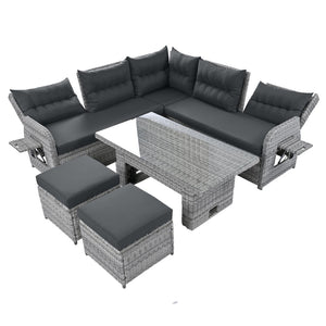 English Elm Outdoor Furniture Set: Modern Rattan Patio Set With Adjustable Recliners, Glass Tables & Ottomans N719Z000120E-GIGA