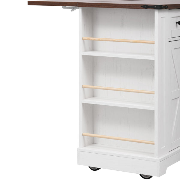 English Elm K&K 53" Farmhouse Kitchen Island with Drop Leaf, Tempered Glass Doors, Power Outlet, Rolling Cart White N707P263637W