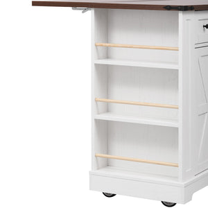 English Elm K&k Farmhouse Rolling Kitchen Island with Drop Leaf Tempered Glass Drawers and Power Outlet White N707S263637W
