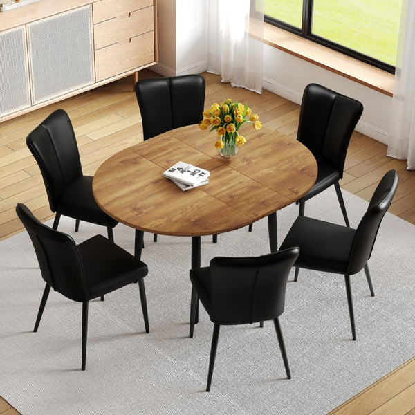 English Elm Table Modern Extendable Dining Set With 6 Black Pu Chairs – Stylish, Space-Saving Design For Gatherings W1151S04146-GIGA