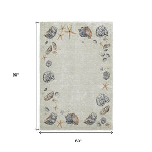 HomeRoots 5' X 8' Coastal Geometric Area Rug in Linen Ivory & Beige – Washable, UV Protected, Stylish & Durable 646051