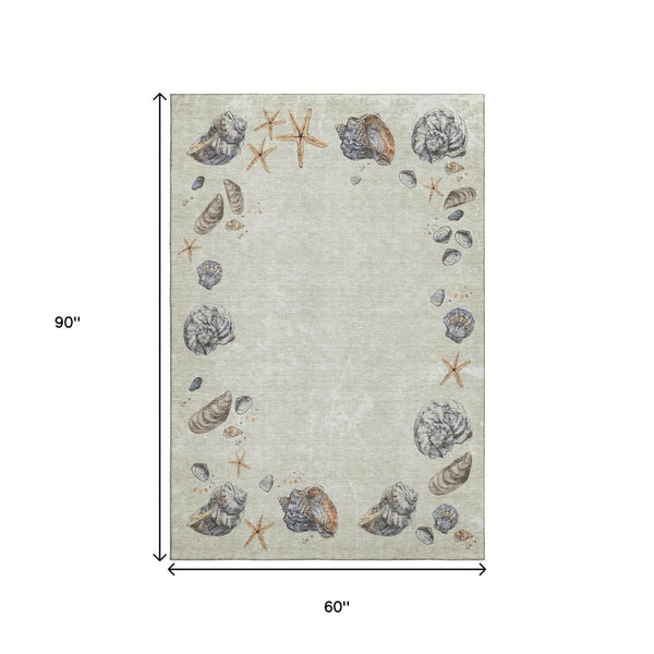 HomeRoots 5' X 8' Coastal Geometric Area Rug in Linen Ivory & Beige – Washable, UV Protected, Stylish & Durable 646051