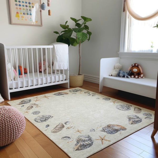 HomeRoots 5' X 8' Coastal Geometric Area Rug in Linen Ivory & Beige – Washable, UV Protected, Stylish & Durable 646051