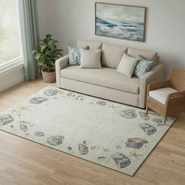HomeRoots 5' X 8' Coastal Geometric Area Rug in Linen Ivory & Beige – Washable, UV Protected, Stylish & Durable 646051