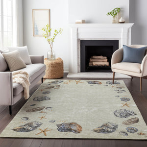 HomeRoots 5' X 8' Coastal Geometric Area Rug in Linen Ivory & Beige – Washable, UV Protected, Stylish & Durable 646051