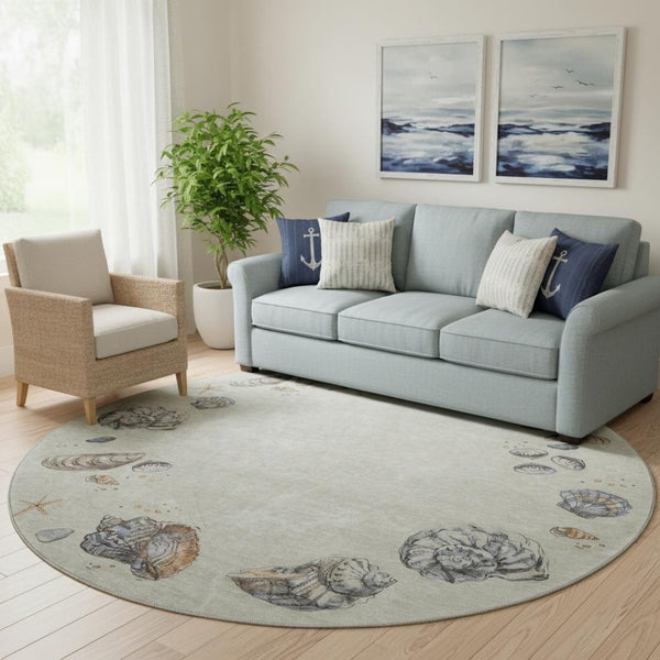 HomeRoots 8' Washable Linen Ivory & Beige Geometric Round Rug – Stain Resistant, UV Protected, Family-Friendly! 646052