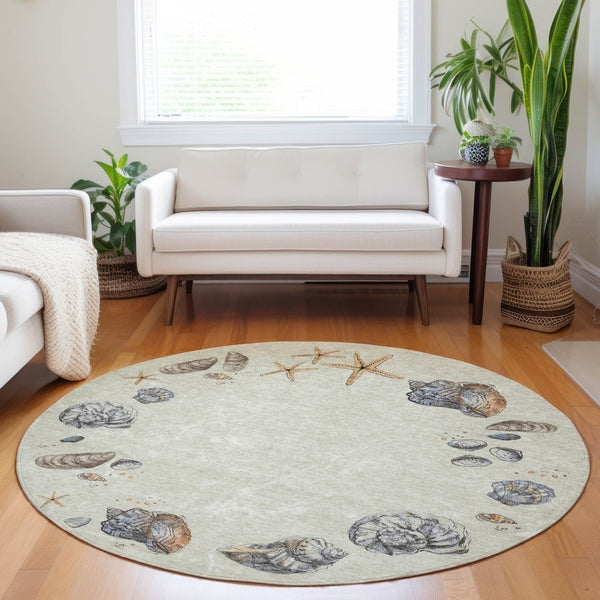 HomeRoots 8' Washable Linen Ivory & Beige Geometric Round Rug – Stain Resistant, UV Protected, Family-Friendly! 646052