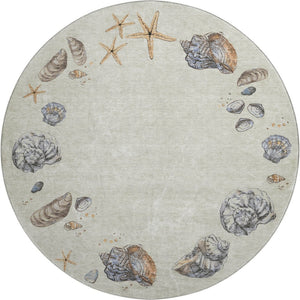 HomeRoots 8' Washable Linen Ivory & Beige Geometric Round Rug – Stain Resistant, UV Protected, Family-Friendly! 646052