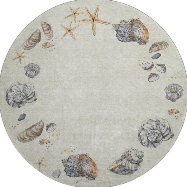 HomeRoots 8' Washable Linen Ivory & Beige Geometric Round Rug – Stain Resistant, UV Protected, Family-Friendly! 646052