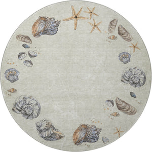 HomeRoots 8' Washable Linen Ivory & Beige Geometric Round Rug – Stain Resistant, UV Protected, Family-Friendly! 646052