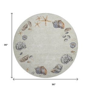 HomeRoots 8' Washable Linen Ivory & Beige Geometric Round Rug – Stain Resistant, UV Protected, Family-Friendly! 646052