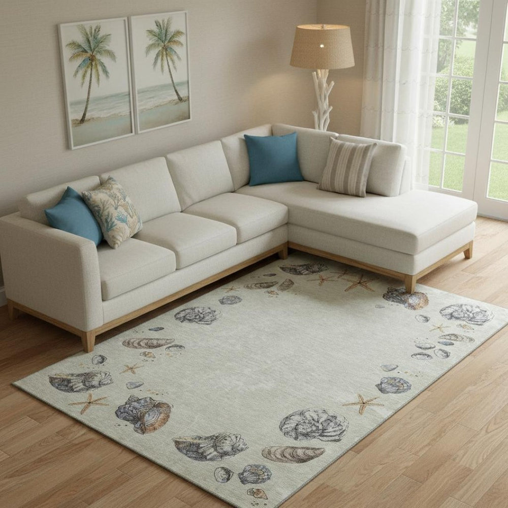 HomeRoots 8' X 10' Coastal-Inspired Linen Ivory and Beige Geometric Area Rug - Washable, Stain-Resistant, UV Protected 646053