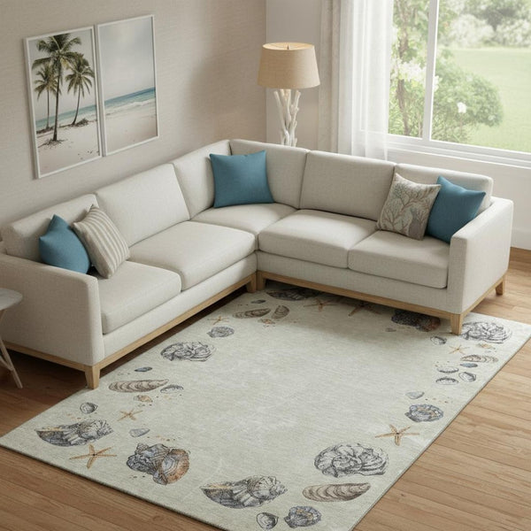 HomeRoots 9' X 12' Linen Ivory & Beige Geometric Area Rug - Washable, UV Protected, Perfect for Busy Homes! 646054