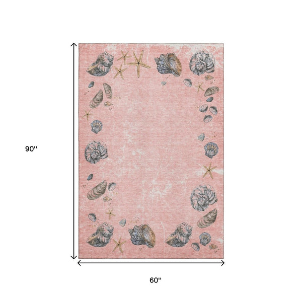 HomeRoots 5' X 8' Stylish Peach, Gray & Ivory Geometric Area Rug - Washable, UV Protected, Ideal for Busy Homes! 646057