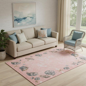 HomeRoots 5' X 8' Stylish Peach, Gray & Ivory Geometric Area Rug - Washable, UV Protected, Ideal for Busy Homes! 646057