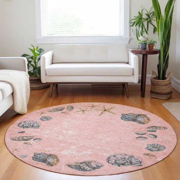HomeRoots 8' Stylish Peach Gray Ivory Geometric Round Rug - Washable, UV Protected, Perfect for High-Traffic Areas! 646058