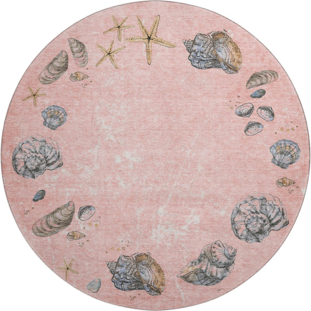 HomeRoots 8' Stylish Peach Gray Ivory Geometric Round Rug - Washable, UV Protected, Perfect for High-Traffic Areas! 646058