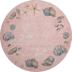 HomeRoots 8' Stylish Peach Gray Ivory Geometric Round Rug - Washable, UV Protected, Perfect for High-Traffic Areas! 646058