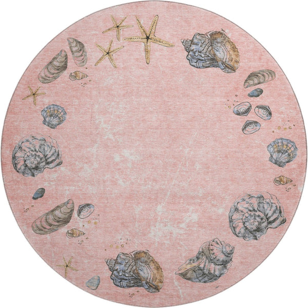 HomeRoots 8' Stylish Peach Gray Ivory Geometric Round Rug - Washable, UV Protected, Perfect for High-Traffic Areas! 646058