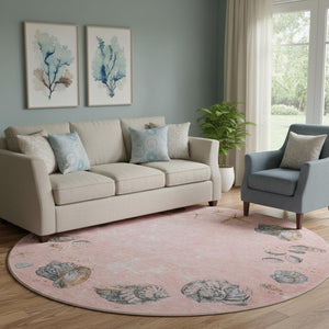 HomeRoots 8' Stylish Peach Gray Ivory Geometric Round Rug - Washable, UV Protected, Perfect for High-Traffic Areas! 646058