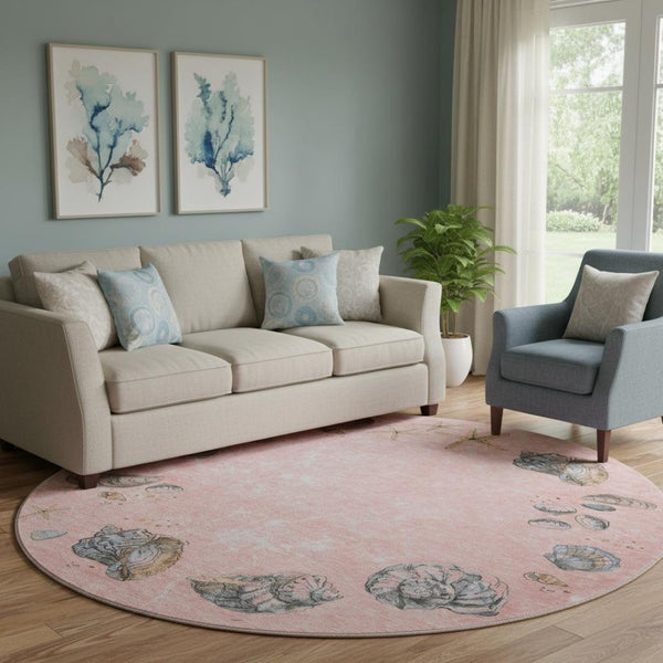 HomeRoots 8' Stylish Peach Gray Ivory Geometric Round Rug - Washable, UV Protected, Perfect for High-Traffic Areas! 646058