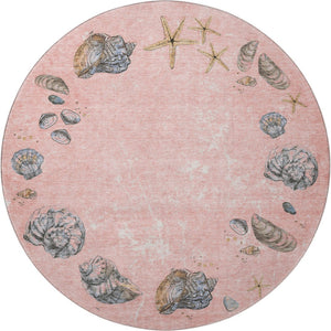 HomeRoots 8' Stylish Peach Gray Ivory Geometric Round Rug - Washable, UV Protected, Perfect for High-Traffic Areas! 646058