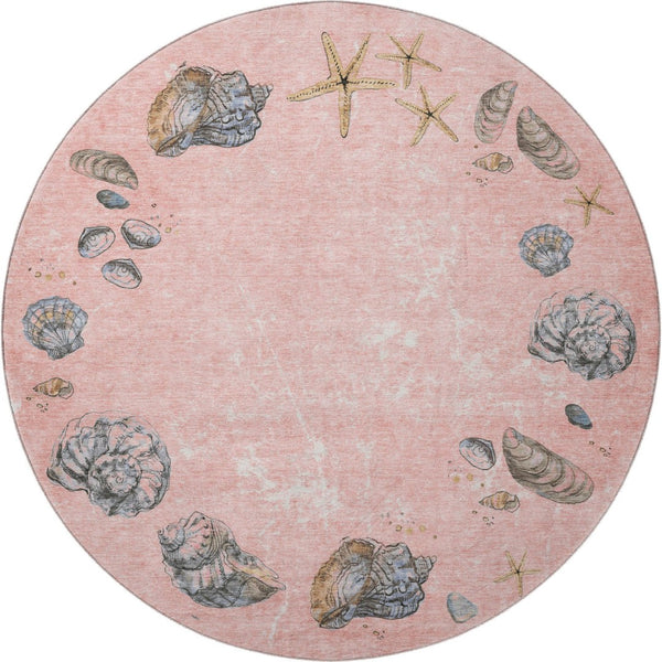 HomeRoots 8' Stylish Peach Gray Ivory Geometric Round Rug - Washable, UV Protected, Perfect for High-Traffic Areas! 646058