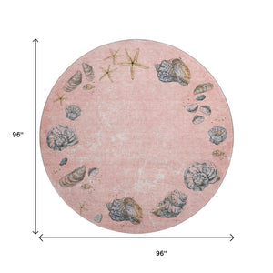HomeRoots 8' Stylish Peach Gray Ivory Geometric Round Rug - Washable, UV Protected, Perfect for High-Traffic Areas! 646058