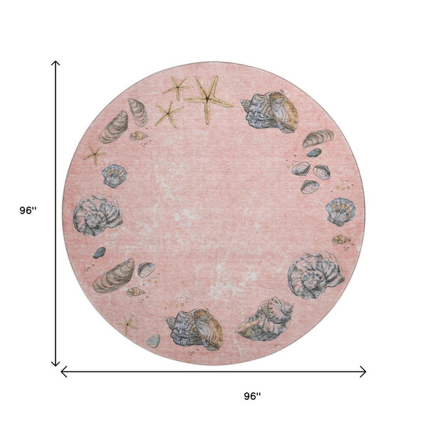 HomeRoots 8' Stylish Peach Gray Ivory Geometric Round Rug - Washable, UV Protected, Perfect for High-Traffic Areas! 646058