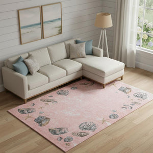 HomeRoots 8' X 10' Modern Peach Gray Ivory Geometric Washable Area Rug - Stain Resistant & UV Protected! 646059