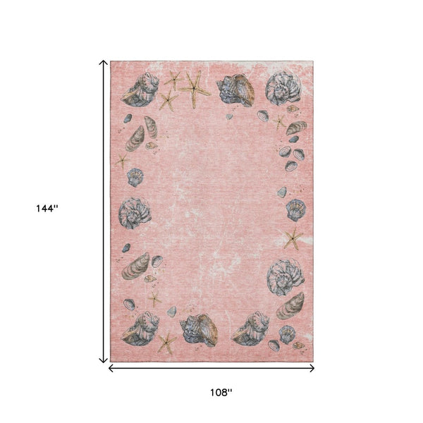 HomeRoots 9' X 12' Coastal-Inspired Peach Gray & Ivory Geometric Washable Area Rug with UV Protection 646060