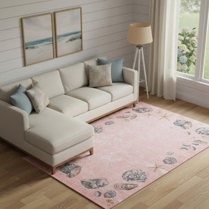 HomeRoots 9' X 12' Coastal-Inspired Peach Gray & Ivory Geometric Washable Area Rug with UV Protection 646060