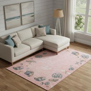 HomeRoots 10' X 14' Coastal-Inspired Peach Gray Ivory Geometric Area Rug - Washable, UV-Protected & Stain-Resistant 646061