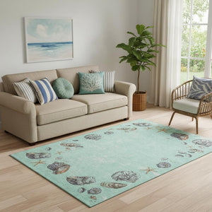 HomeRoots 5' X 8' Coastal-Inspired Geometric Area Rug in Green, Light Blue & Beige - Washable & UV Protected! 646063