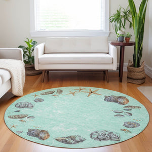 HomeRoots 8' Modern Coastal Geometric Washable Round Rug in Green, Light Blue & Beige - Durable & UV Protected 646064