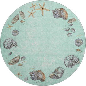 HomeRoots 8' Modern Coastal Geometric Washable Round Rug in Green, Light Blue & Beige - Durable & UV Protected 646064